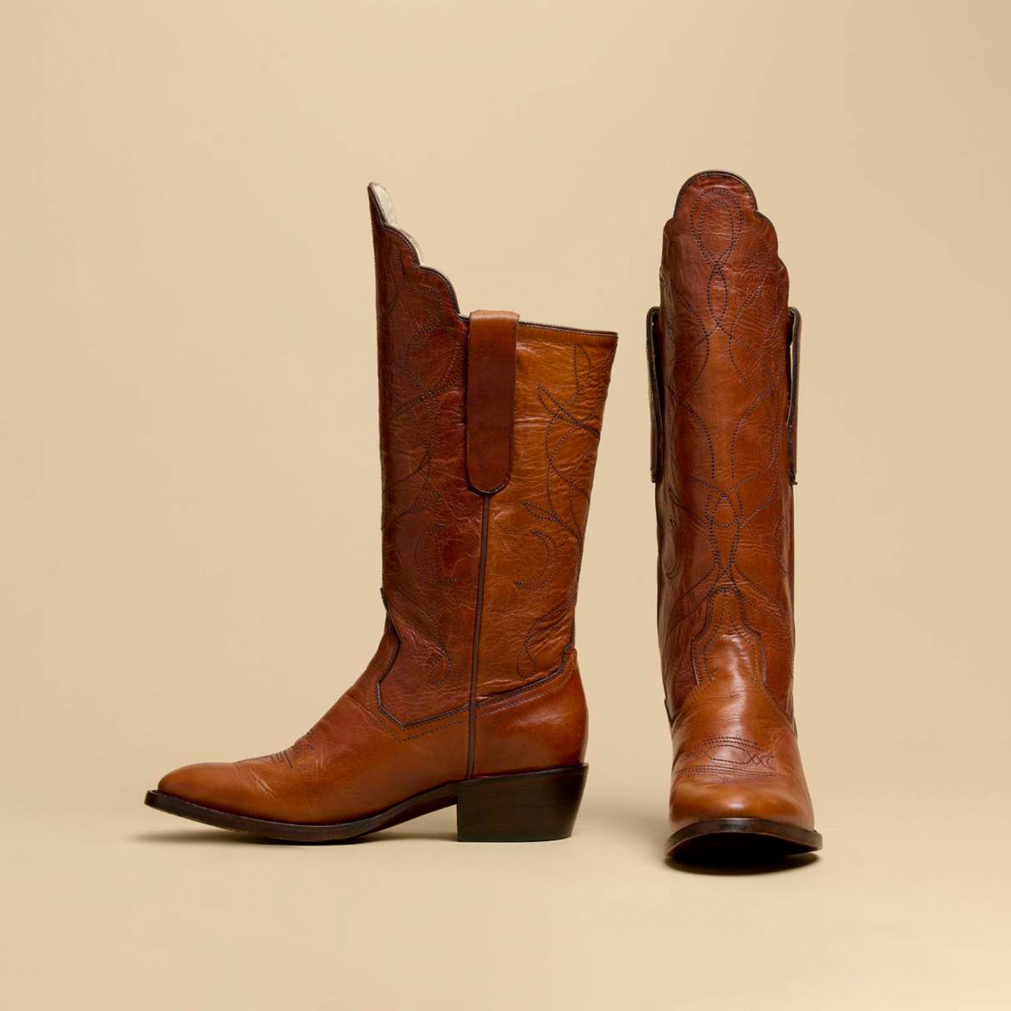 Cognac Round-Toe Classic Embroidery Mid Calf Cowgirl Boots For Women