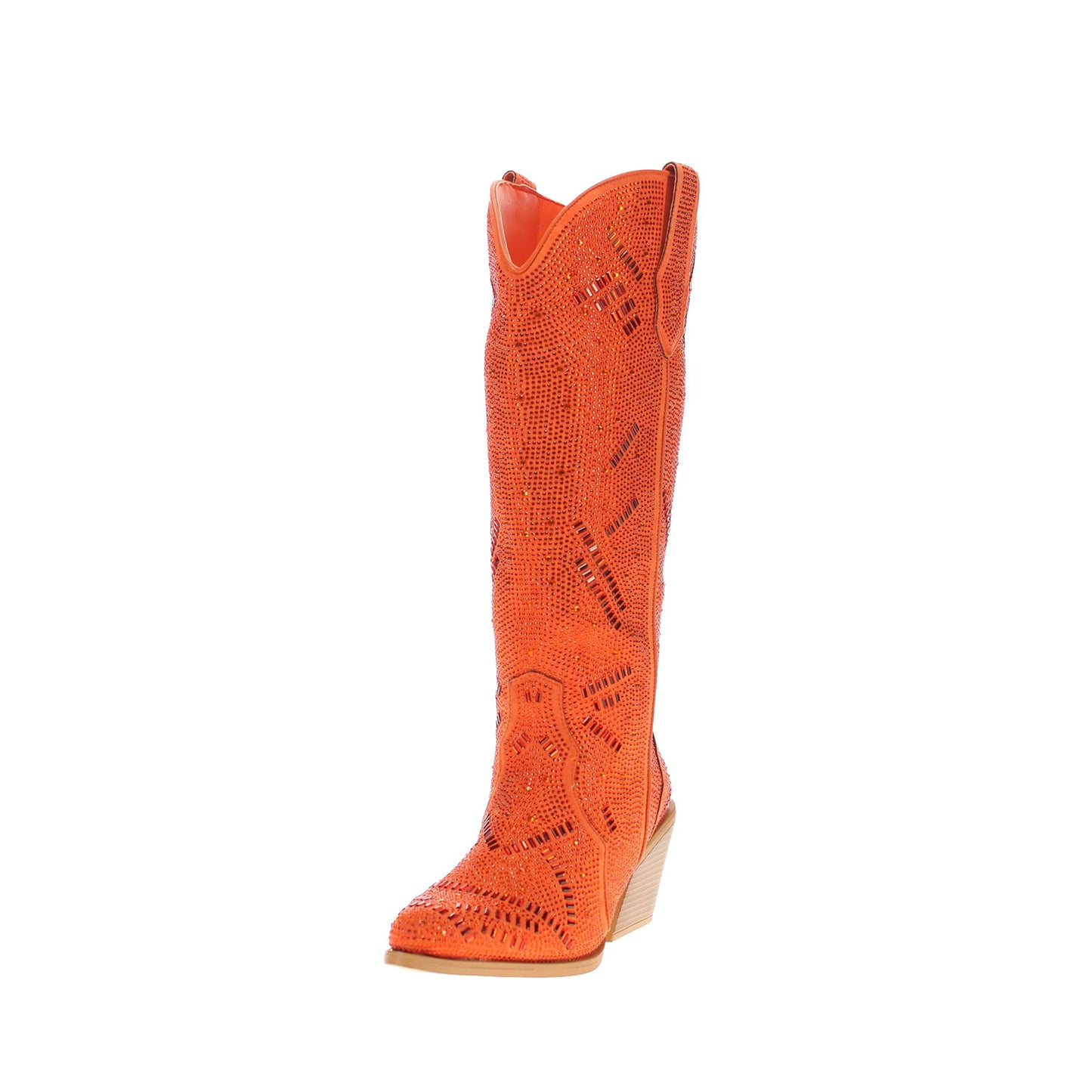 Orange Faux Suede Pointed-Toe Full Crystals Wide Calf Knee High Cowgirl Boots