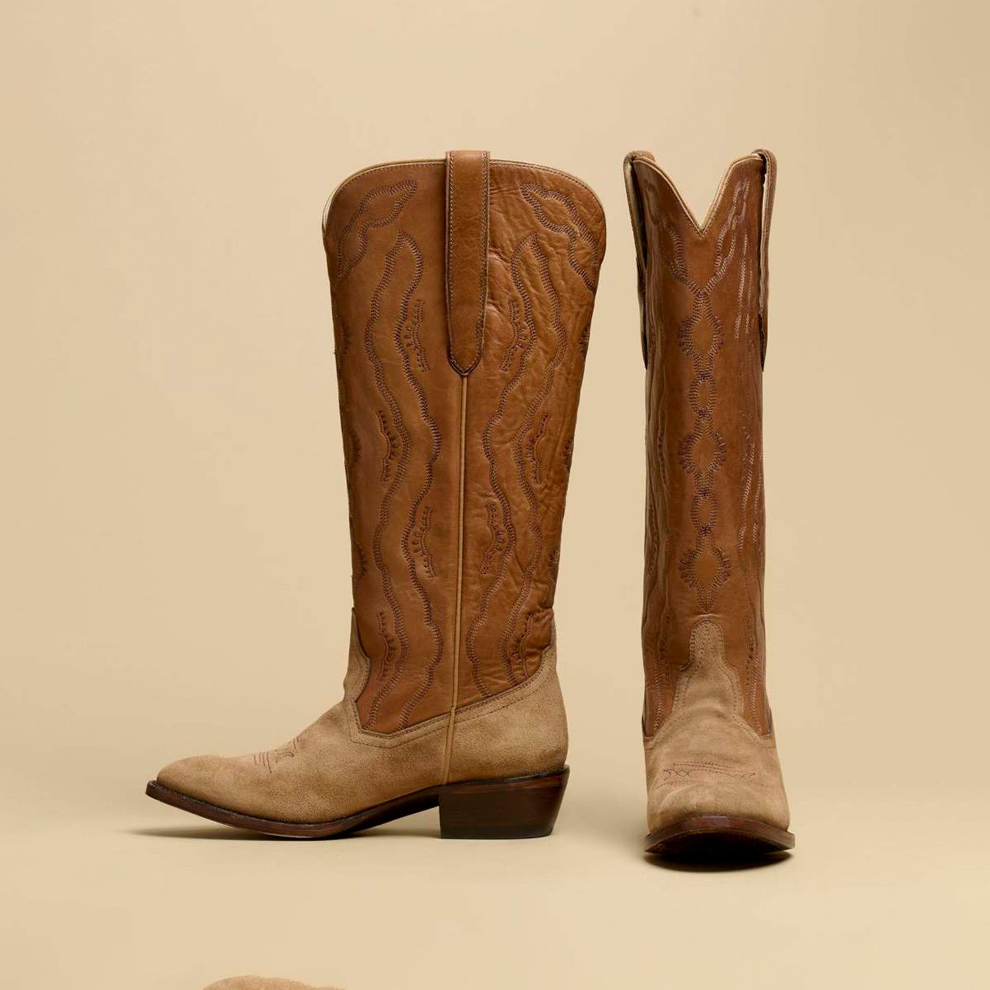 Brown Round-Toe Classic Embroidery Wide Calf Knee High Tall Cowgirl Boots