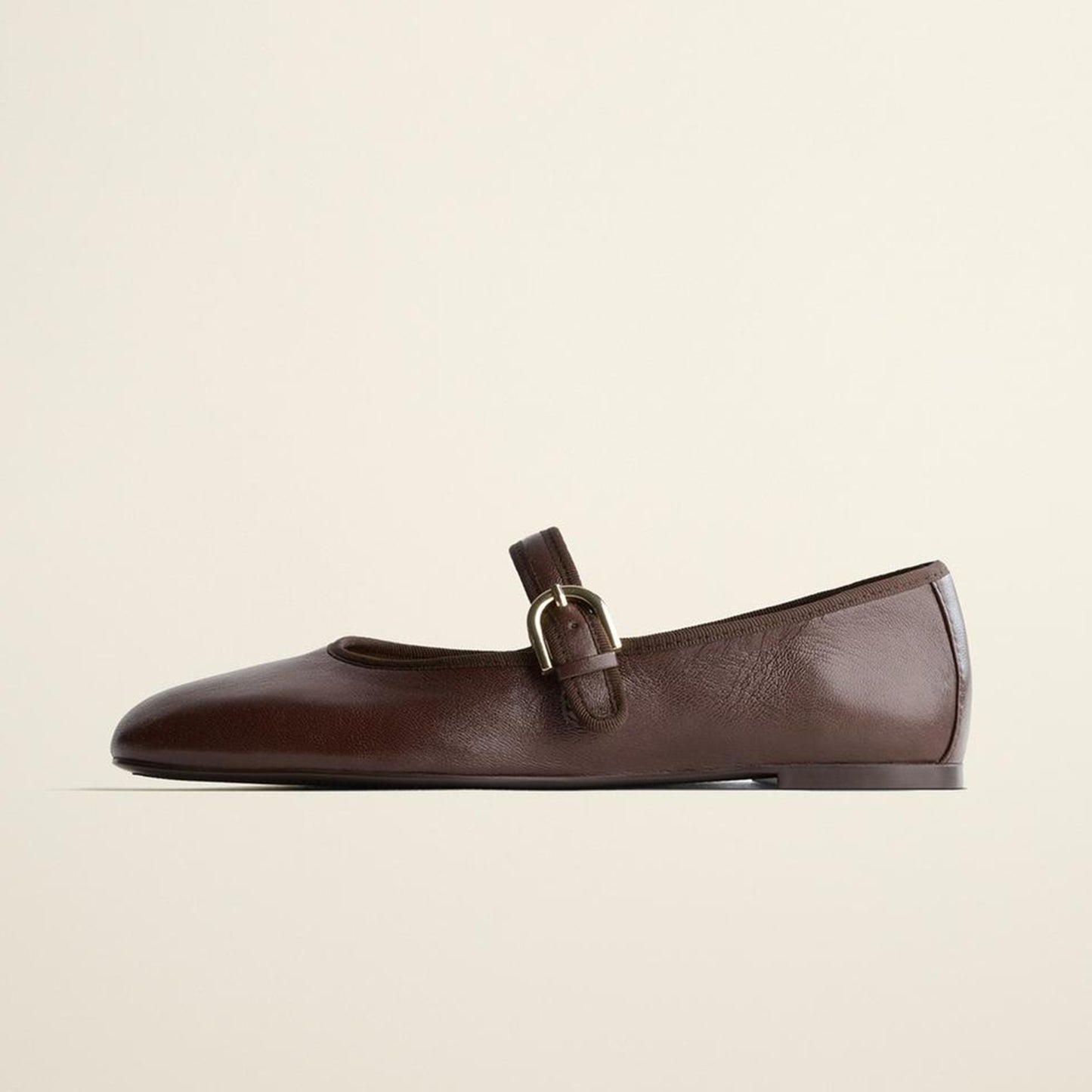 Brown Round-Toe Simple Buckle Middle Strap Chic Ballet Flats