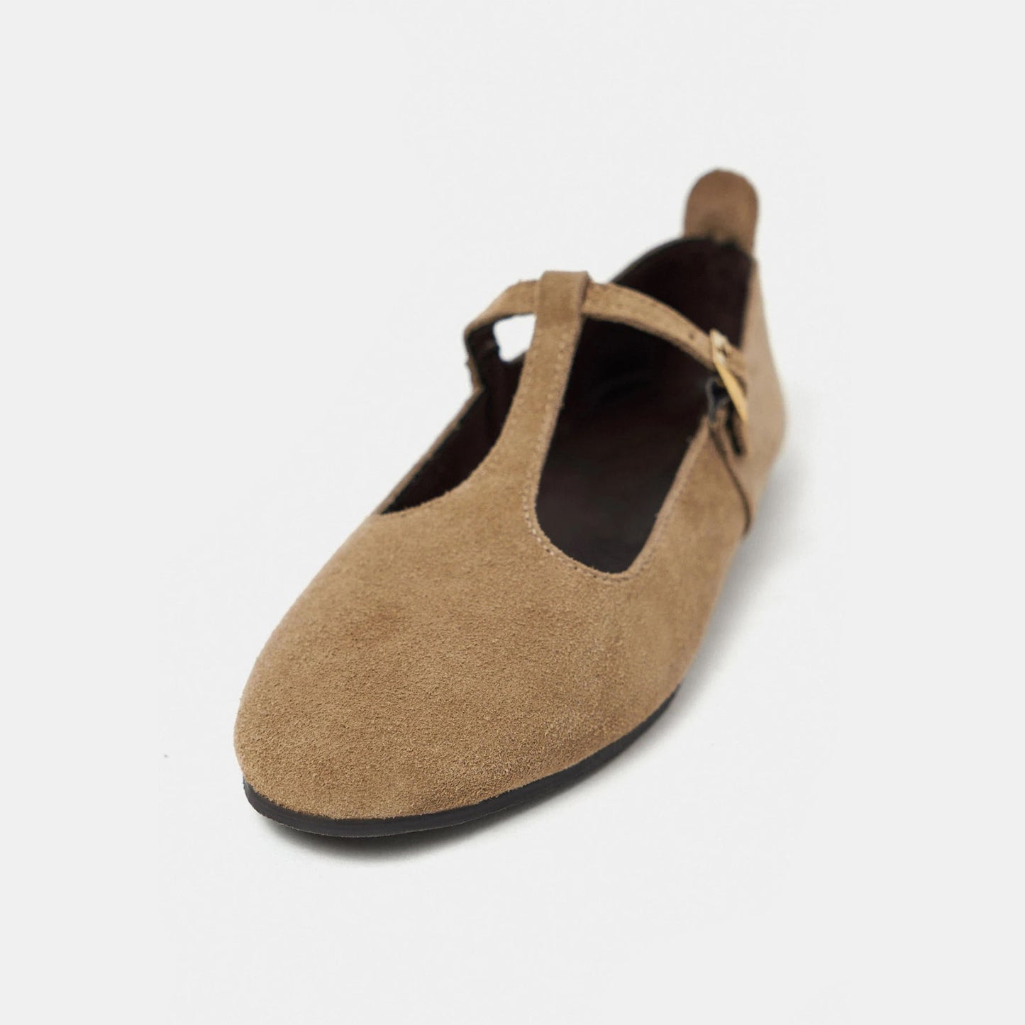 Camel Faux Suede Round-Toe Buckle Middle Strap Simple Chic Flats