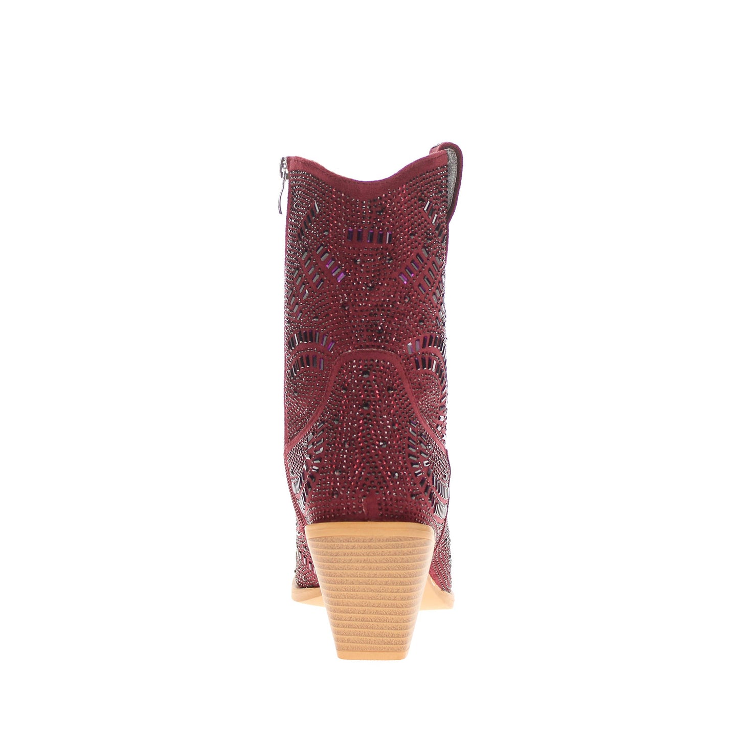 Maroon Faux Suede Pointed-Toe Full Crystals Full-Zip Ankle Cowgirl Boots