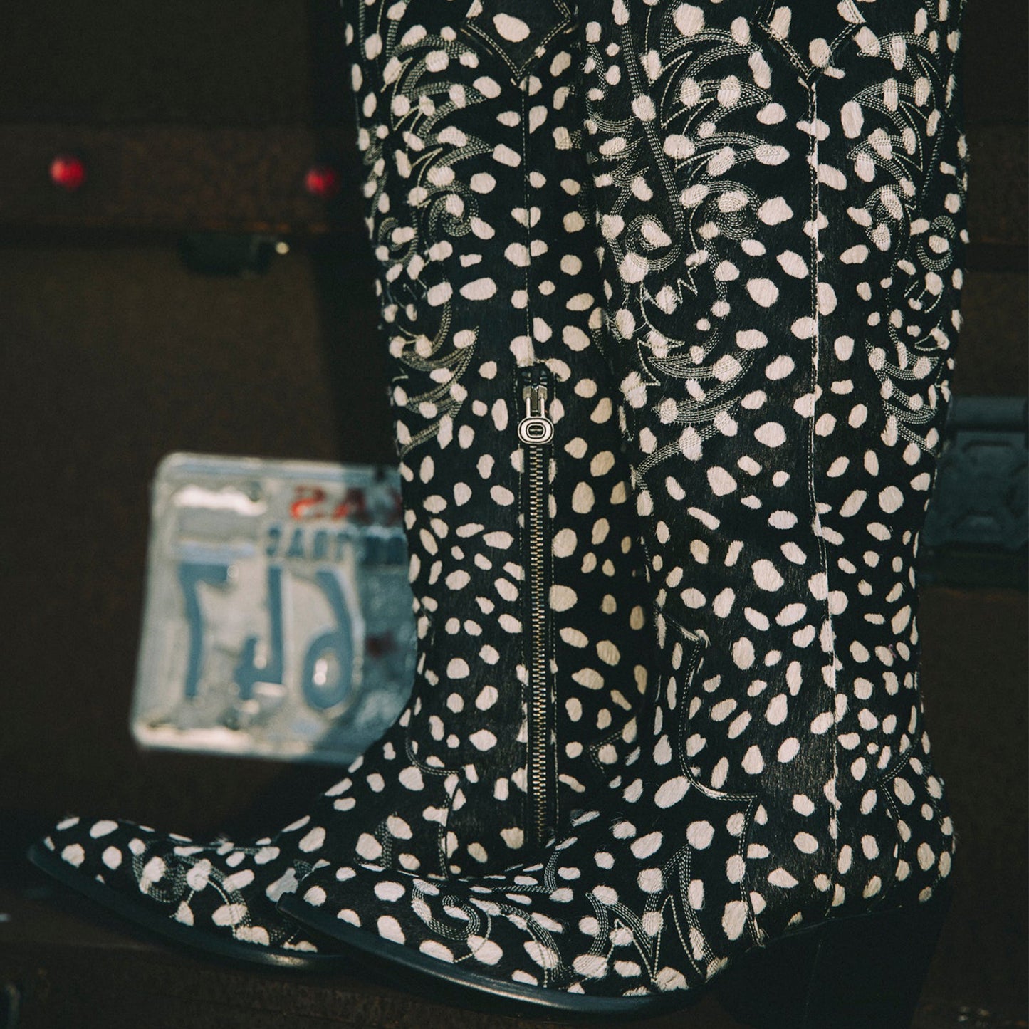 Cow Pattern Almond-Toe Embroidery Half-Zip Knee High Cowgirl Boots