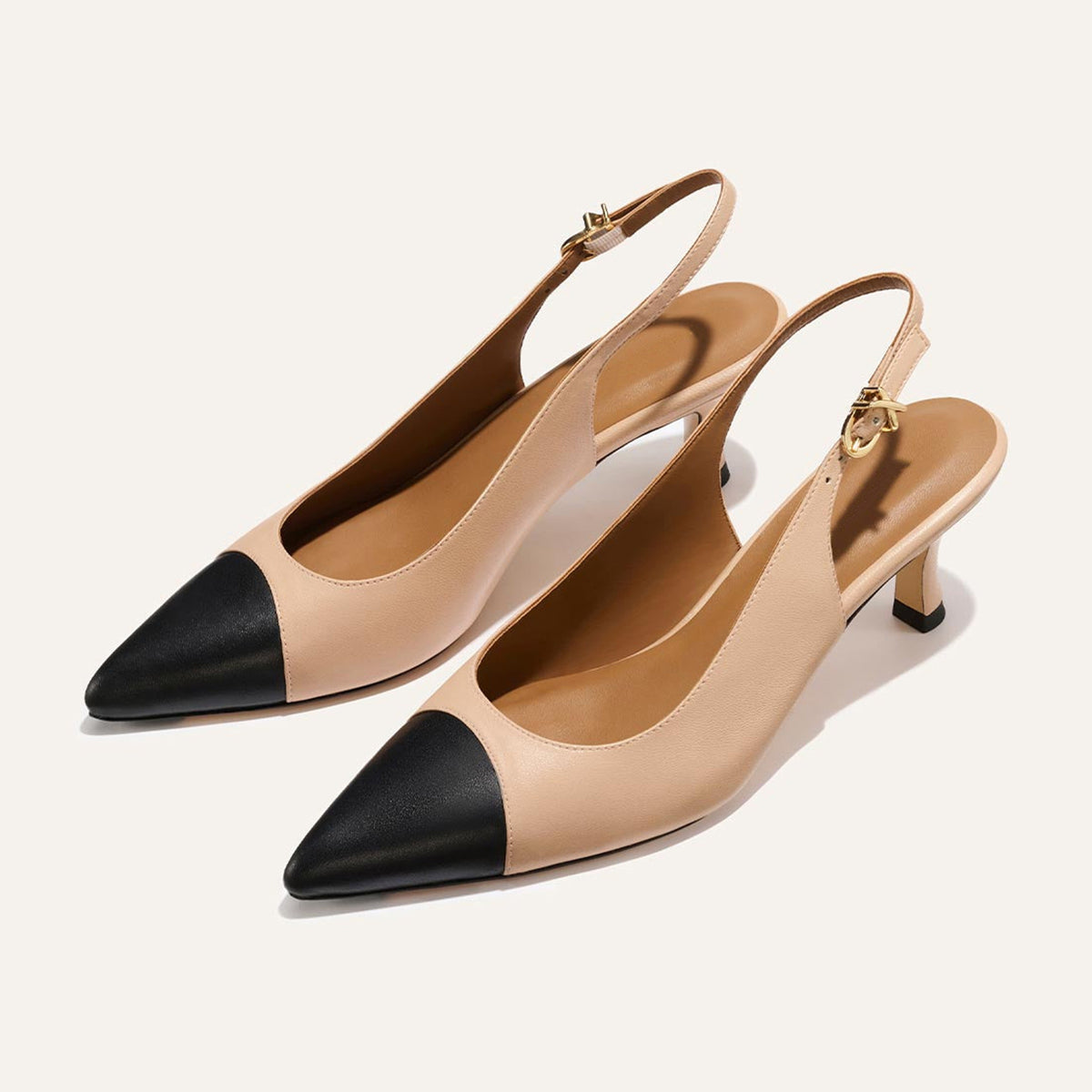 Beige And Black Pointed-Toe Chic Back Strap Kitten Heels