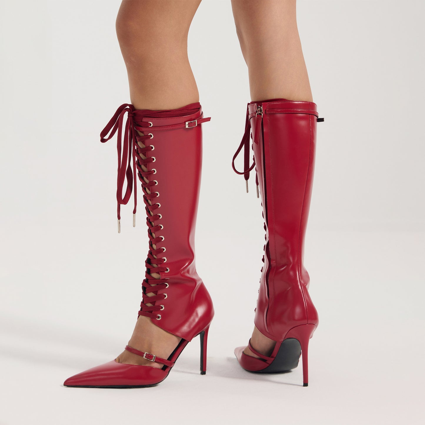 Red Pointed-Toe Front Lace-Up Full-Zip Knee High Stiletto Boots