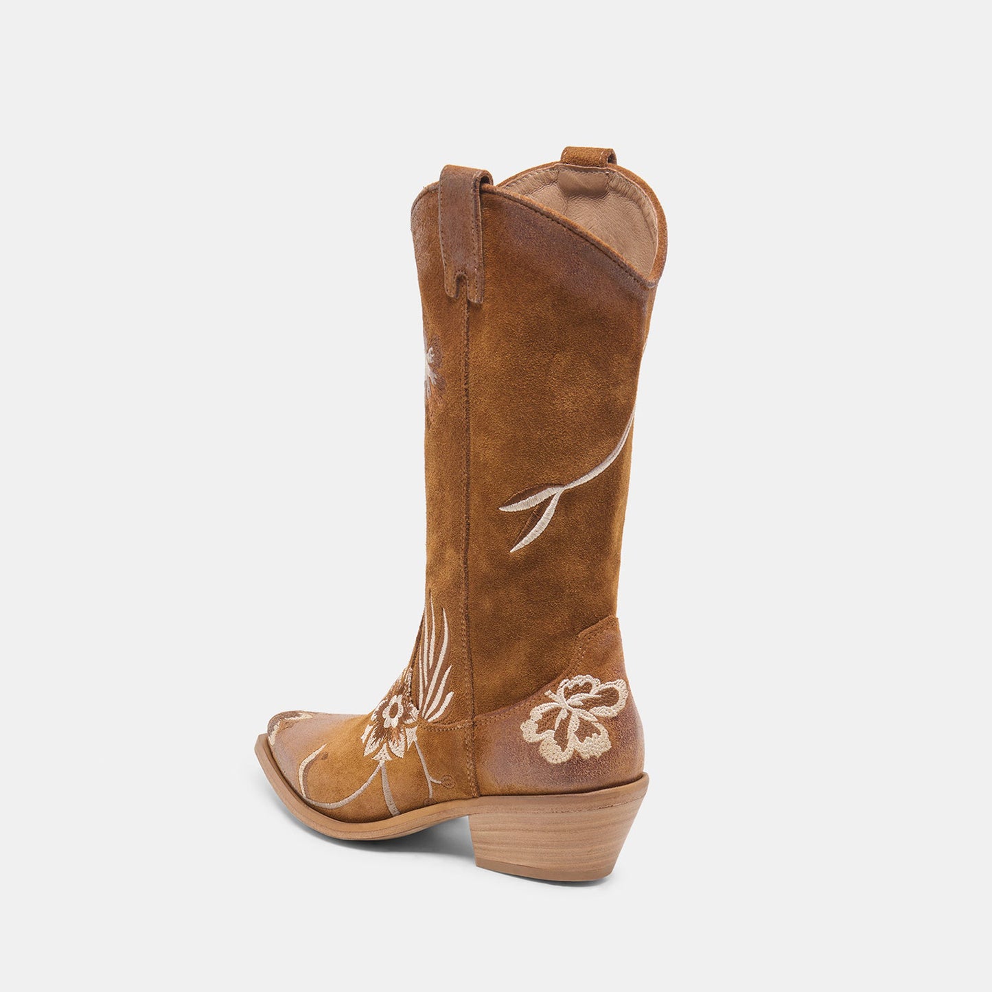 Tan Faux Suede Almond-Toe Stylish Floral Embroidery Half-Zip Mid Calf Cowgirl Boots