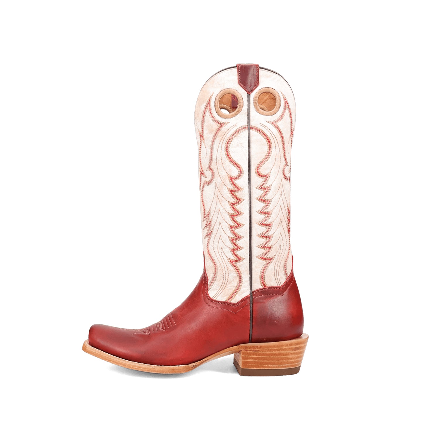 Contrast Ivory And Red Square-Toe Embroidery Cutout Mid Calf Cowgirl Boots