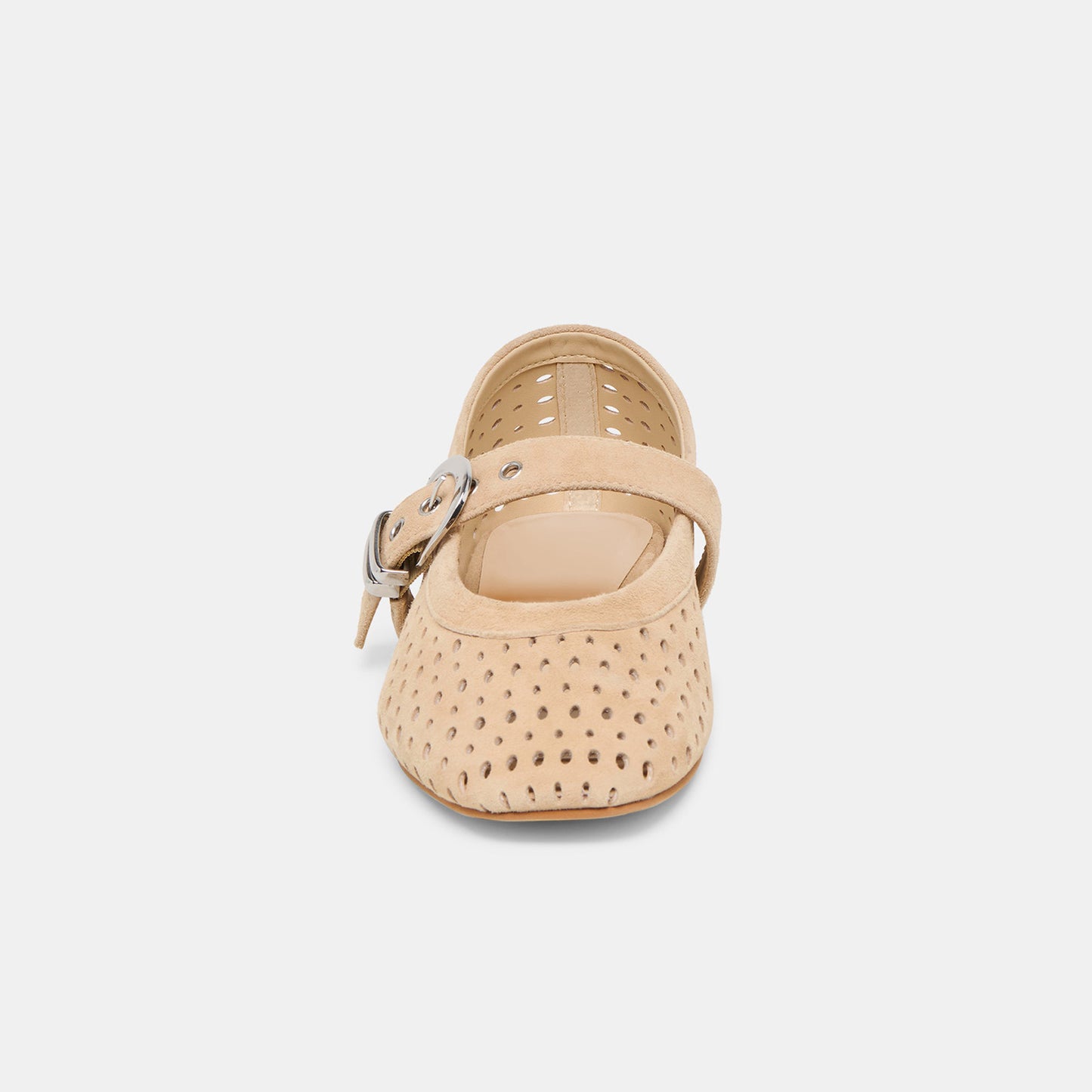 Camel Perforated Faux Suede Square-Toe Mary Janes Ballet Flats