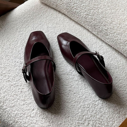 Burgundy Square-Toe Buckle Mary Jane Ballet Flats