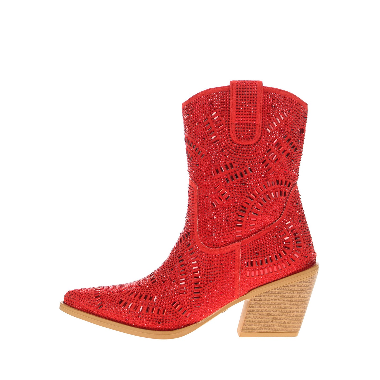 Red Faux Suede Pointed-Toe Full Crystals Full-Zip Ankle Cowgirl Boots