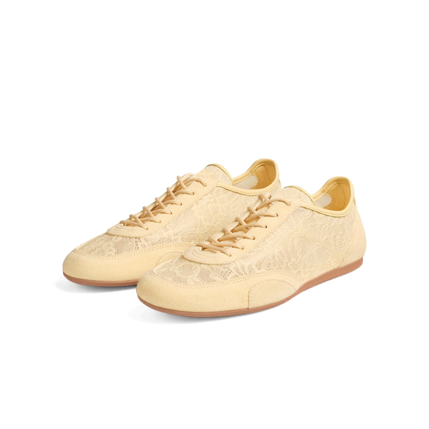 Yellow Faux Suede And Lace Mesh Round-Toe Lace-Up Sneakers Flats