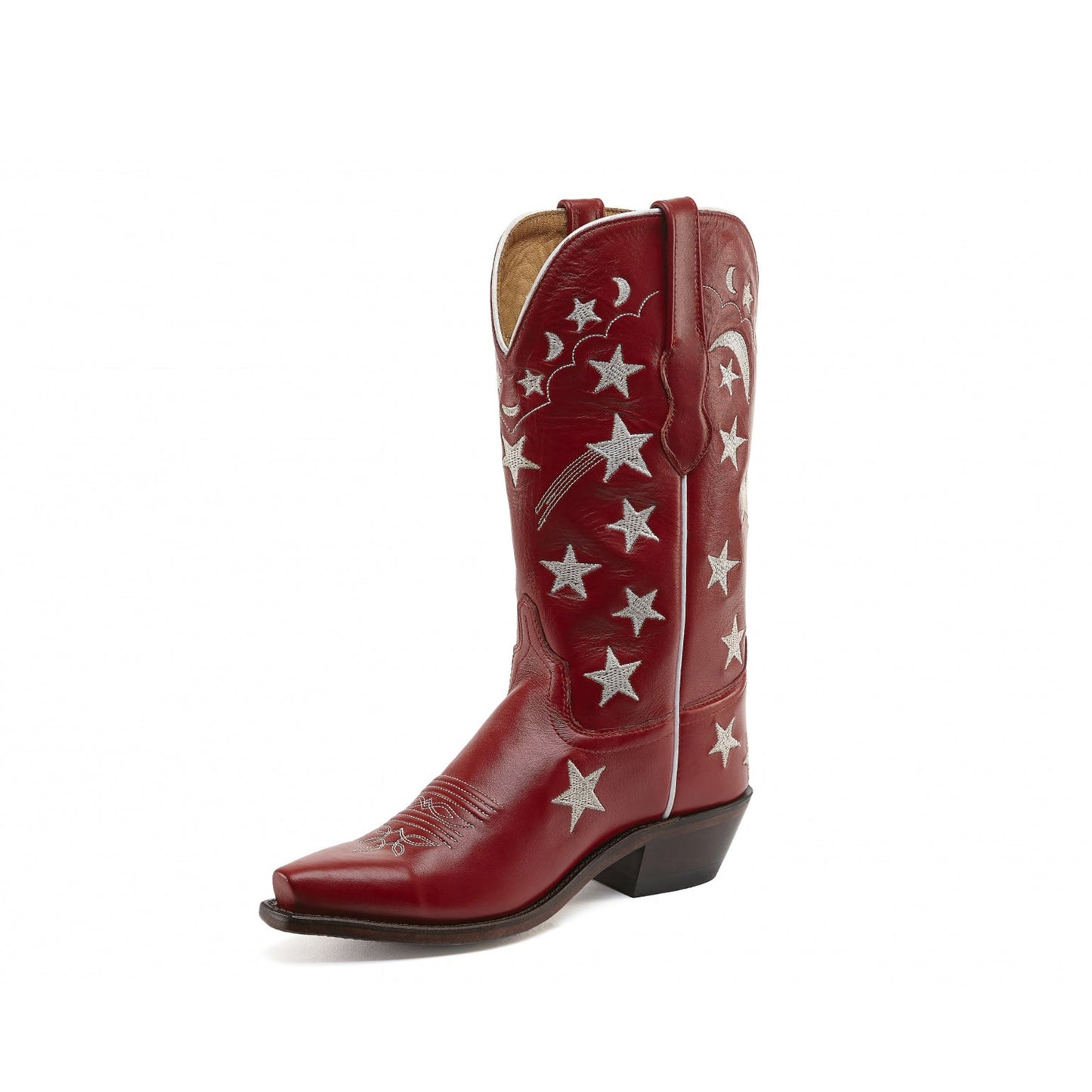 Red Snip-Toe Stars And Moons Embroidery Mid Calf Cowgirl Boots