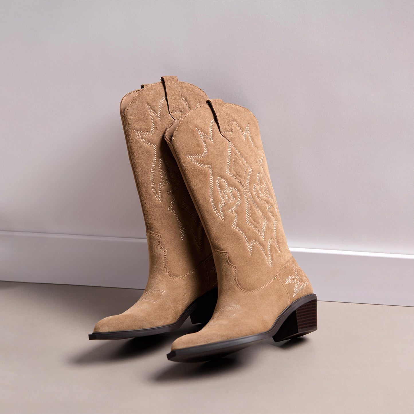 Camel Faux Suede Almond-Toe Chic Stitch Mid Calf Classic Cowgirl Boots
