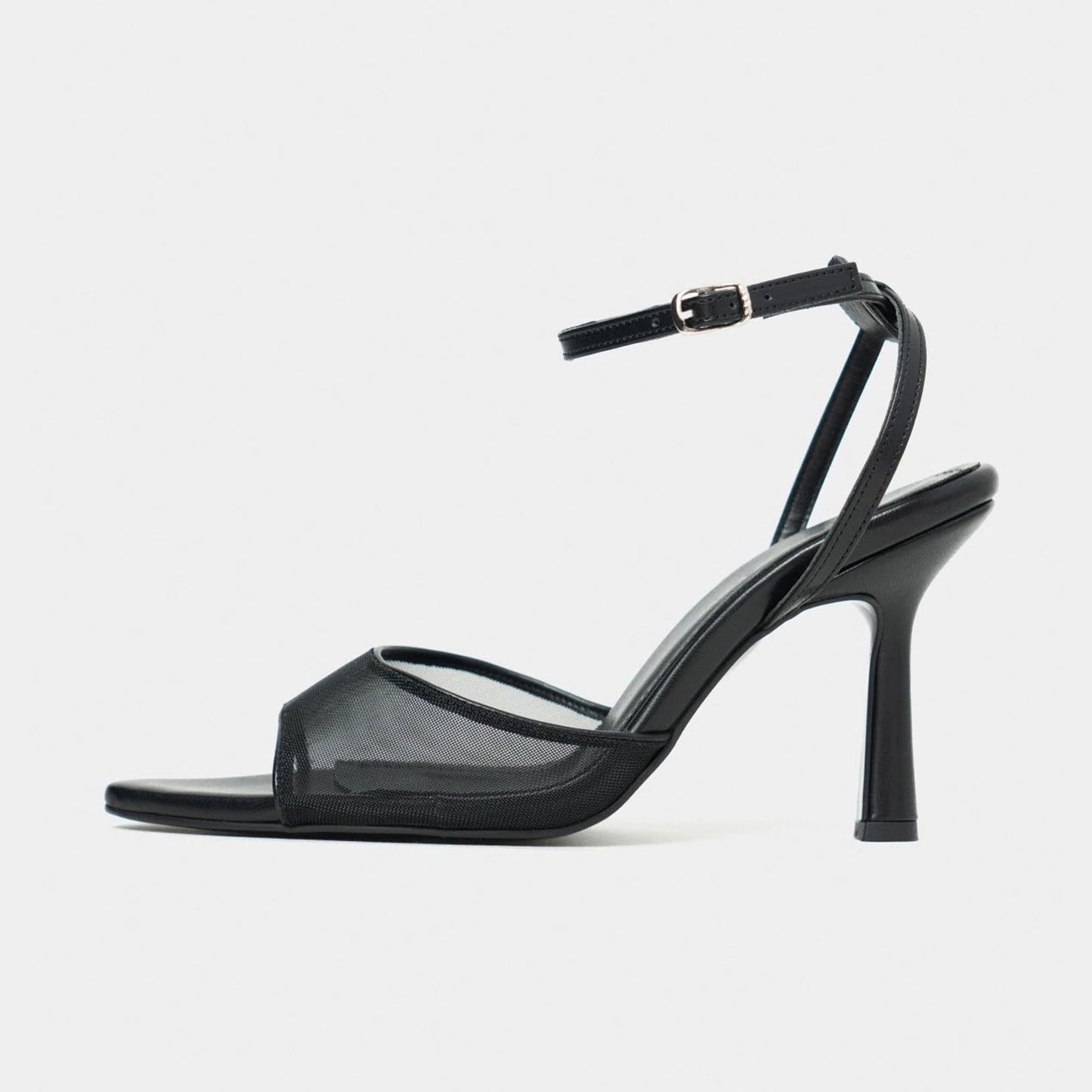 Black Mesh And Vegan Leather Pointed-Toe Slingback Ankle Strap Pumps High Heels