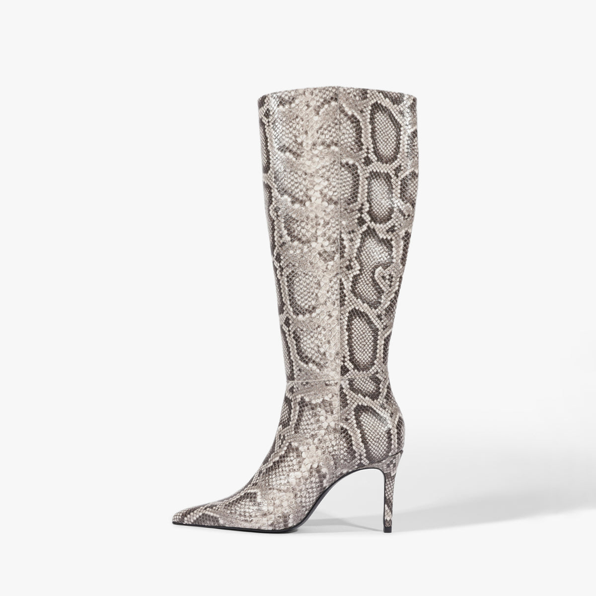 Chic Pointed-Toe Simple Full-Zip Sleek Knee High Stiletto Boots - White Snakeskin Pattern
