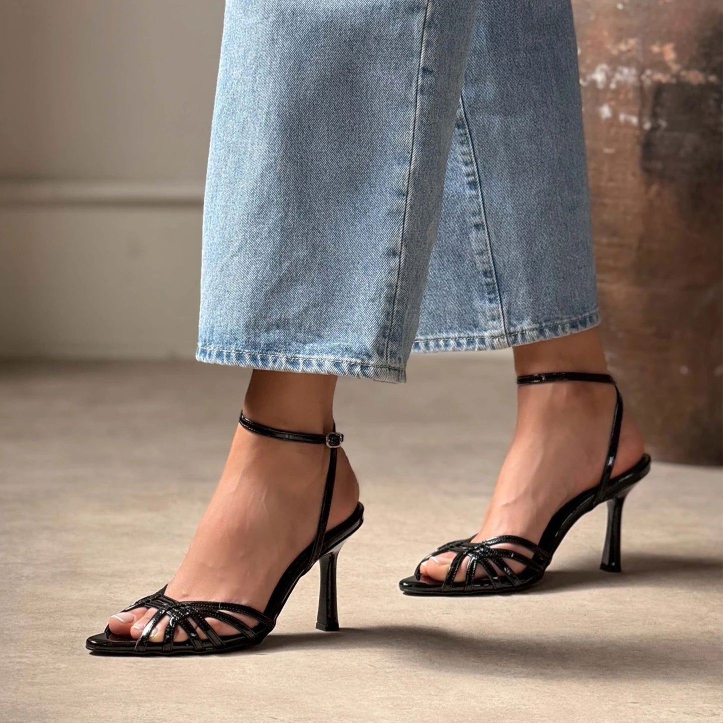 Patent Black Pointed-Toe Strappy Back And Ankle Strap High Heels
