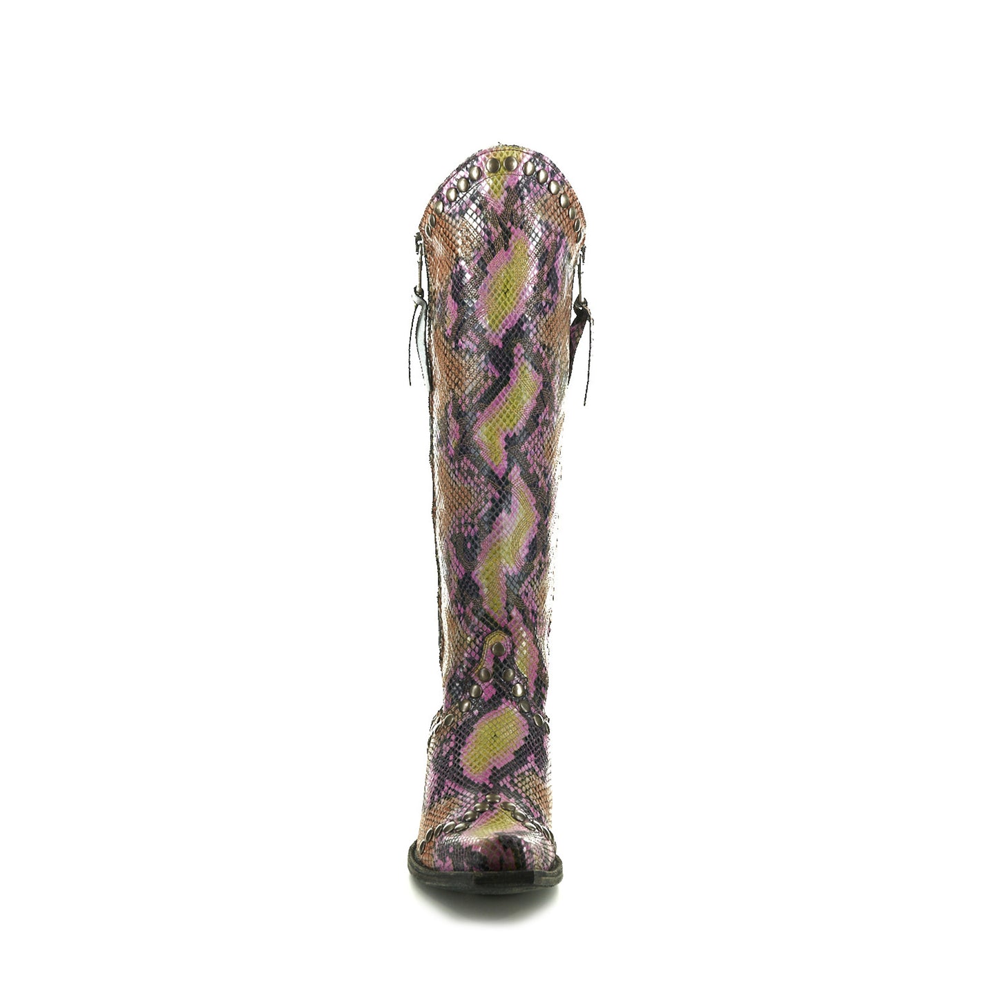 Snakeskin Print Snip-Toe Studs Detail Full-Zip Mid Calf Cowgirl Boots