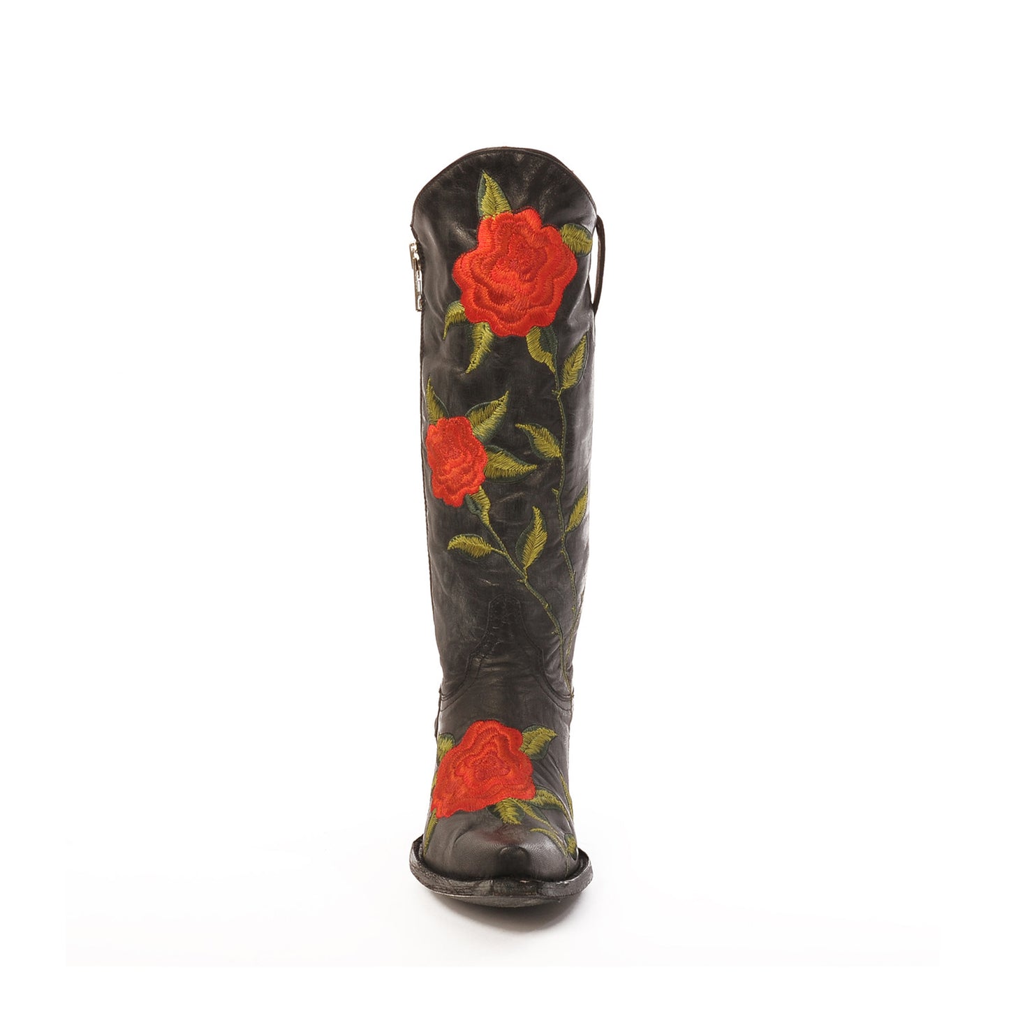Black Snip-Toe Big Red Florals Embroidery Full-Zip Mid Calf Classic Cowgirl Boots
