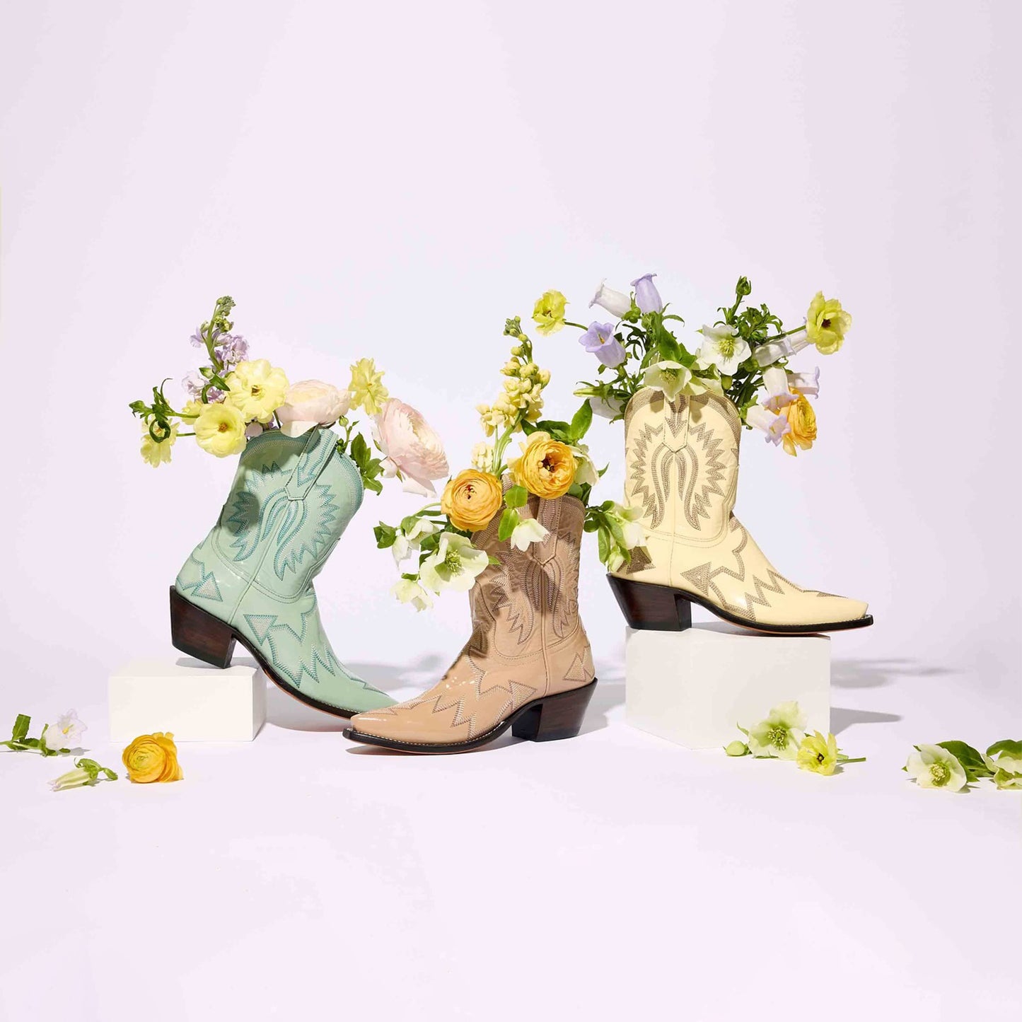 Patent Beige Snip-Toe Western Embroidery Ankle Cowgirl Boots