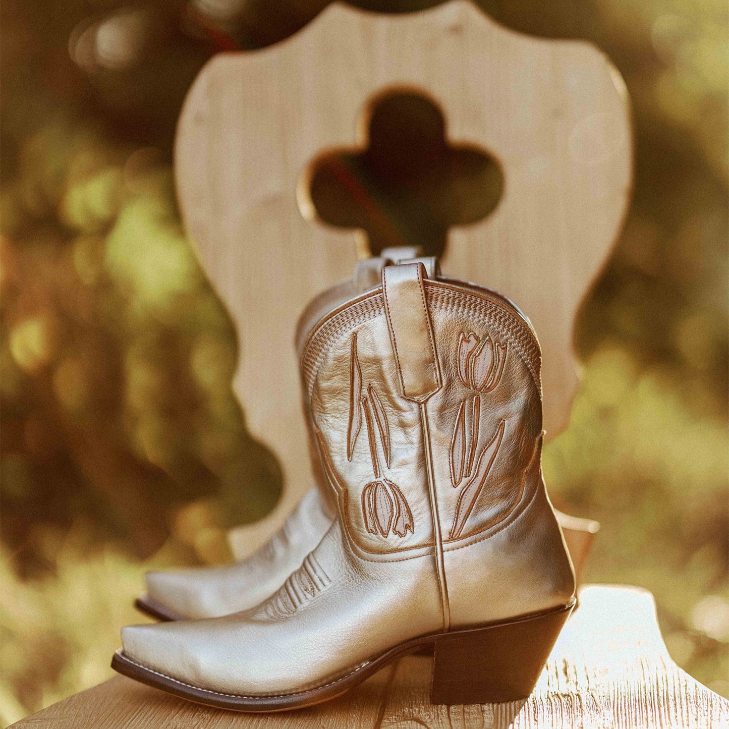 Metallic Gold Snip-Toe Tulip Inlay Ankle Cowgirl Boots