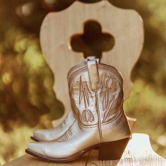 Metallic Gold Snip-Toe Tulip Inlay Ankle Cowgirl Boots