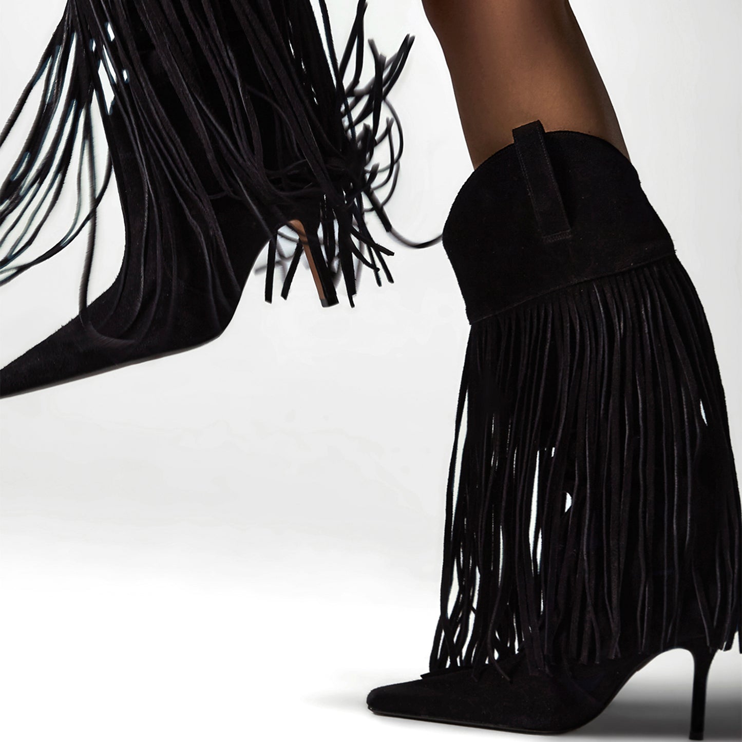 Black Faux Suede Pointed-Toe Shaft Fringe Mid Calf Stiletto Boots