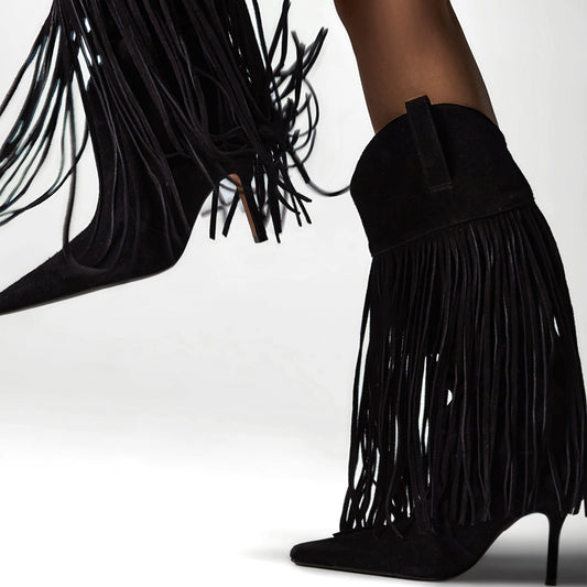 Black Faux Suede Pointed-Toe Shaft Fringe Mid Calf Stiletto Boots