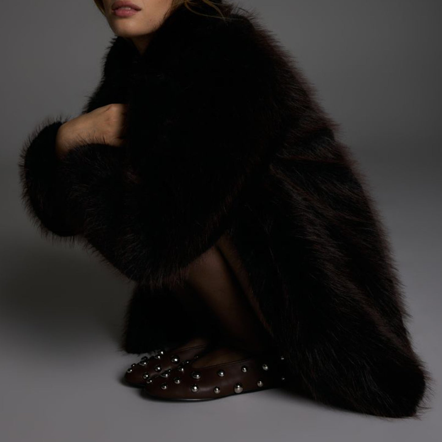 Dark Brown Vegan Leather Round-Toe Studded Slip-On Flats