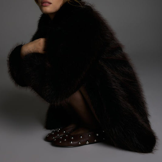 Dark Brown Vegan Leather Round-Toe Studded Slip-On Flats