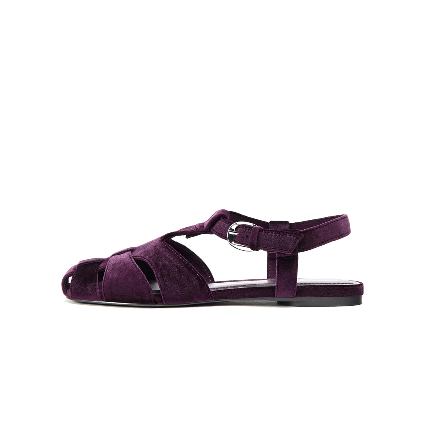 Purple Velvet Square-Toe Caged Detail Buckle Strap Sandals Flats