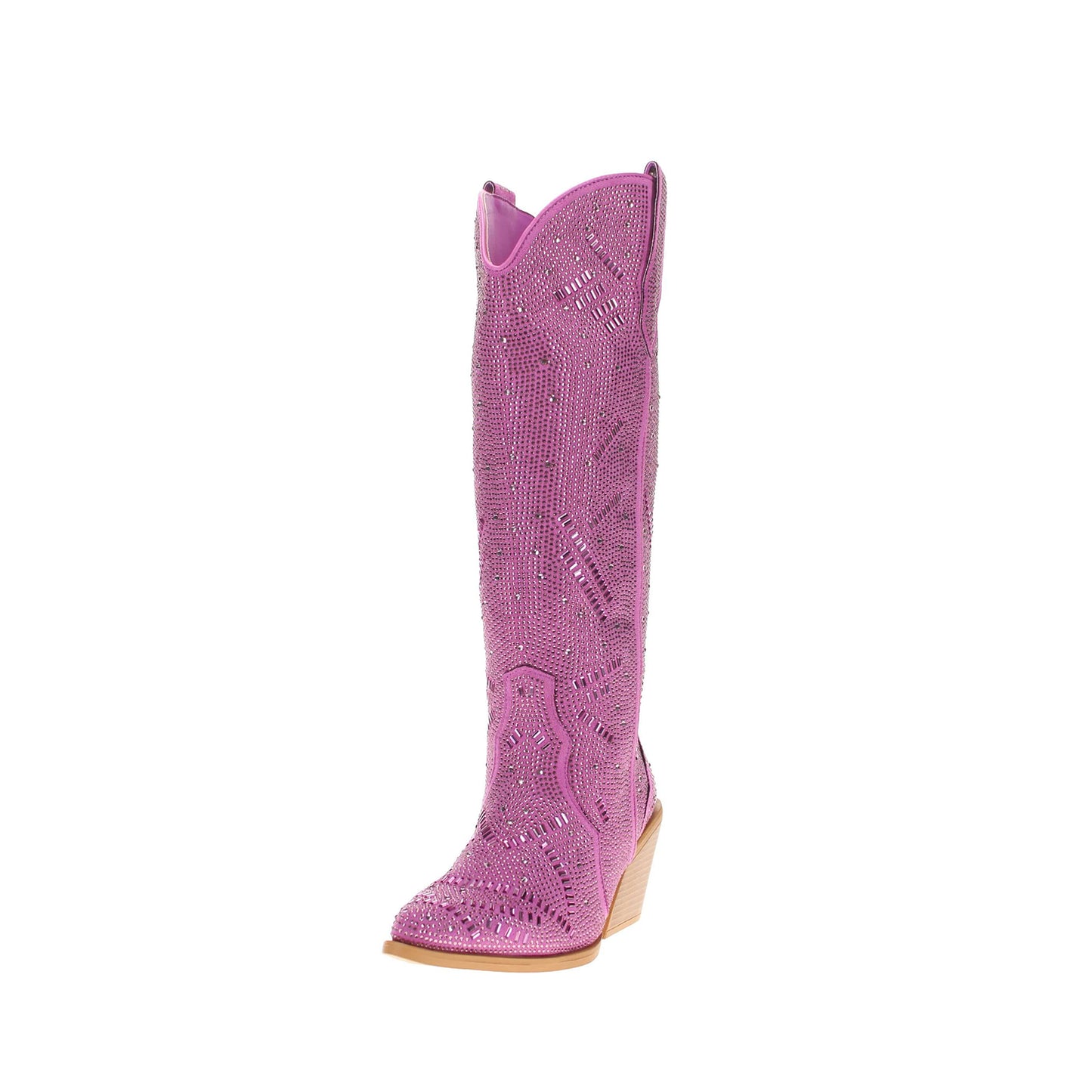 Purple Faux Suede Pointed-Toe Full Crystals Wide Calf Knee High Cowgirl Boots