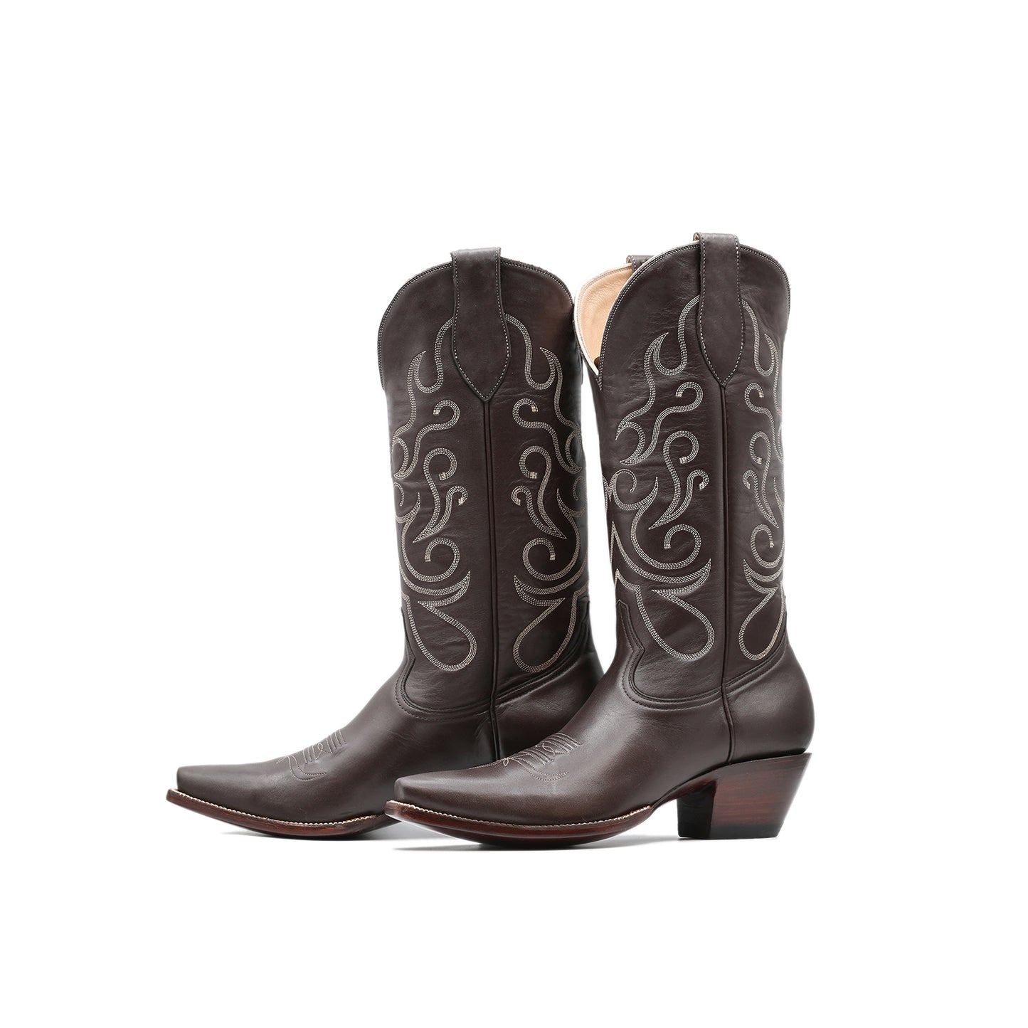 Brown Snip-Toe Curving Embroidery Mid Calf Cowgirl Boots