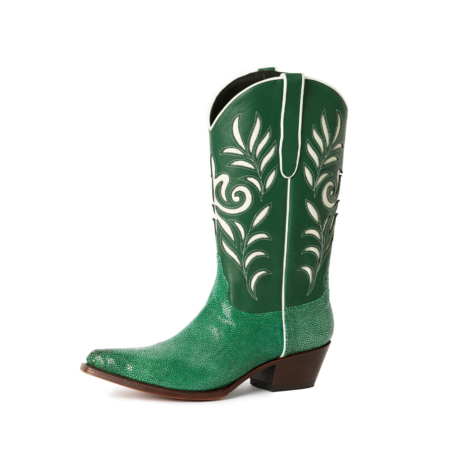 Contrast Green And Green Lizard Print Pointed-Toe Inlays Mid Calf Cowgirl Boots