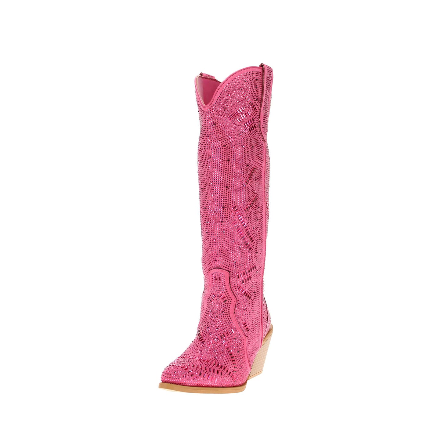 Pink Faux Suede Pointed-Toe Full Crystals Wide Calf Knee High Cowgirl Boots