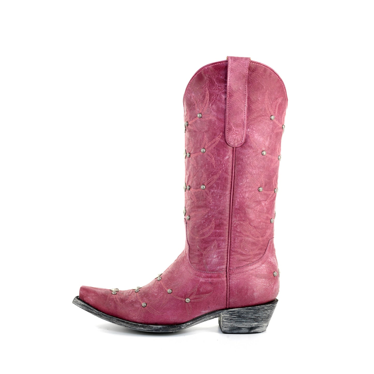 Pink Snip-Toe Studs And Embroidery Mid Calf Chic Cowgirl Boots