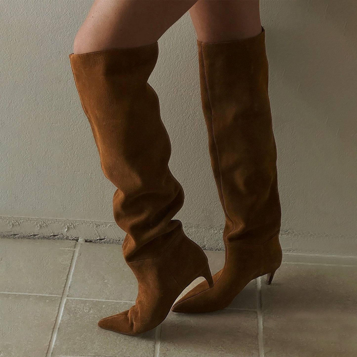 Tan Faux Suede Pointed-Toe Chic Wide Calf Knee High Stiletto Boots