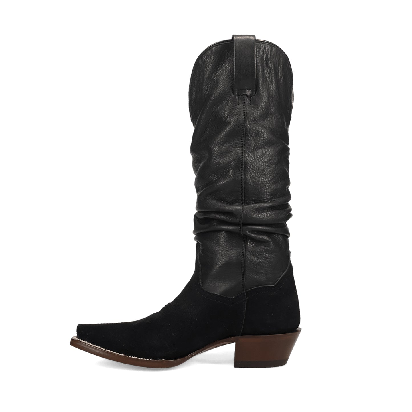 Black Contrast Vegan Leather And Faux Suede Snip-Toe Slouch Chic Mid Calf Cowgirl Boots