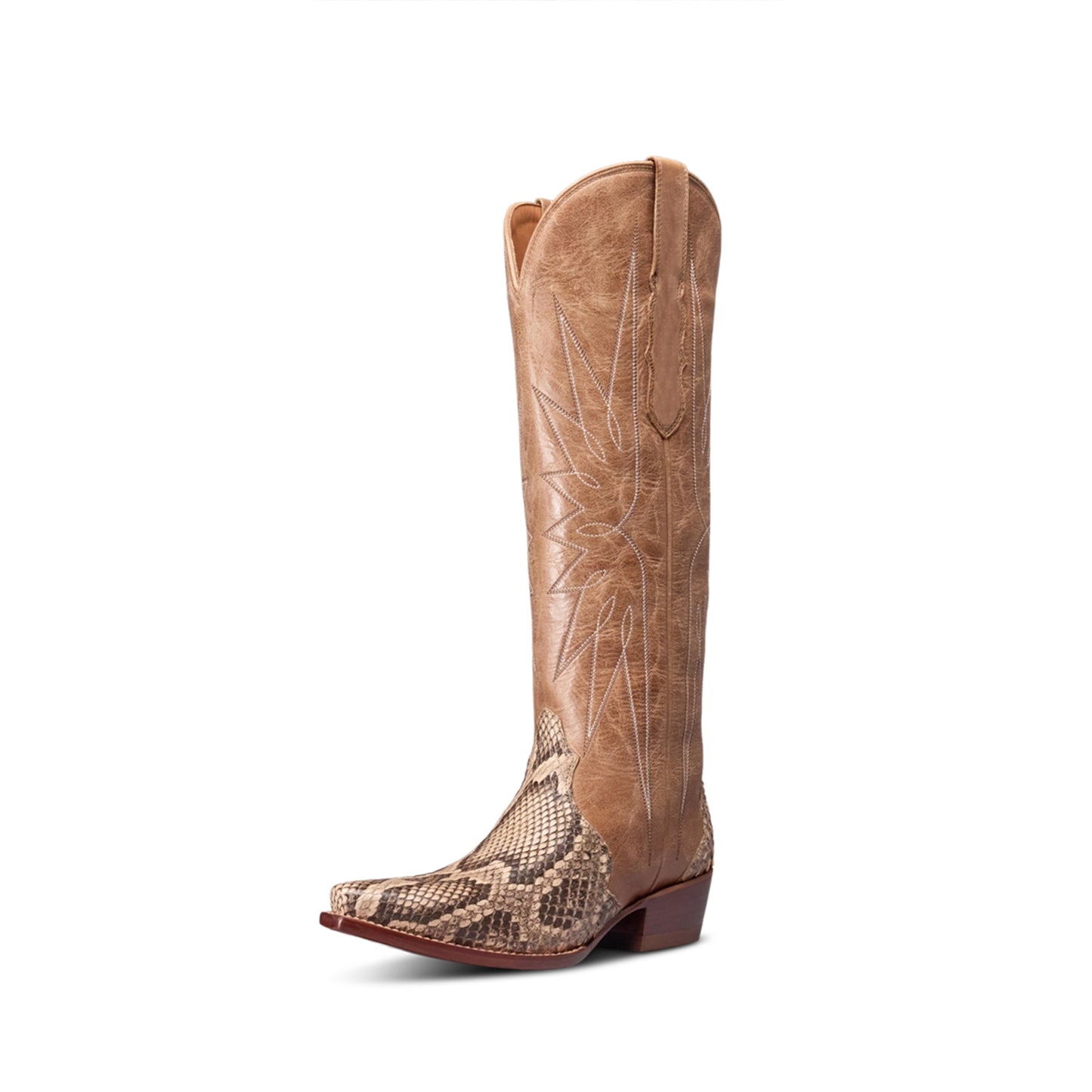 Tan And Snakeskin Pattern Snip-Toe Embroidery Wide Calf Knee High Cowgirl Boots