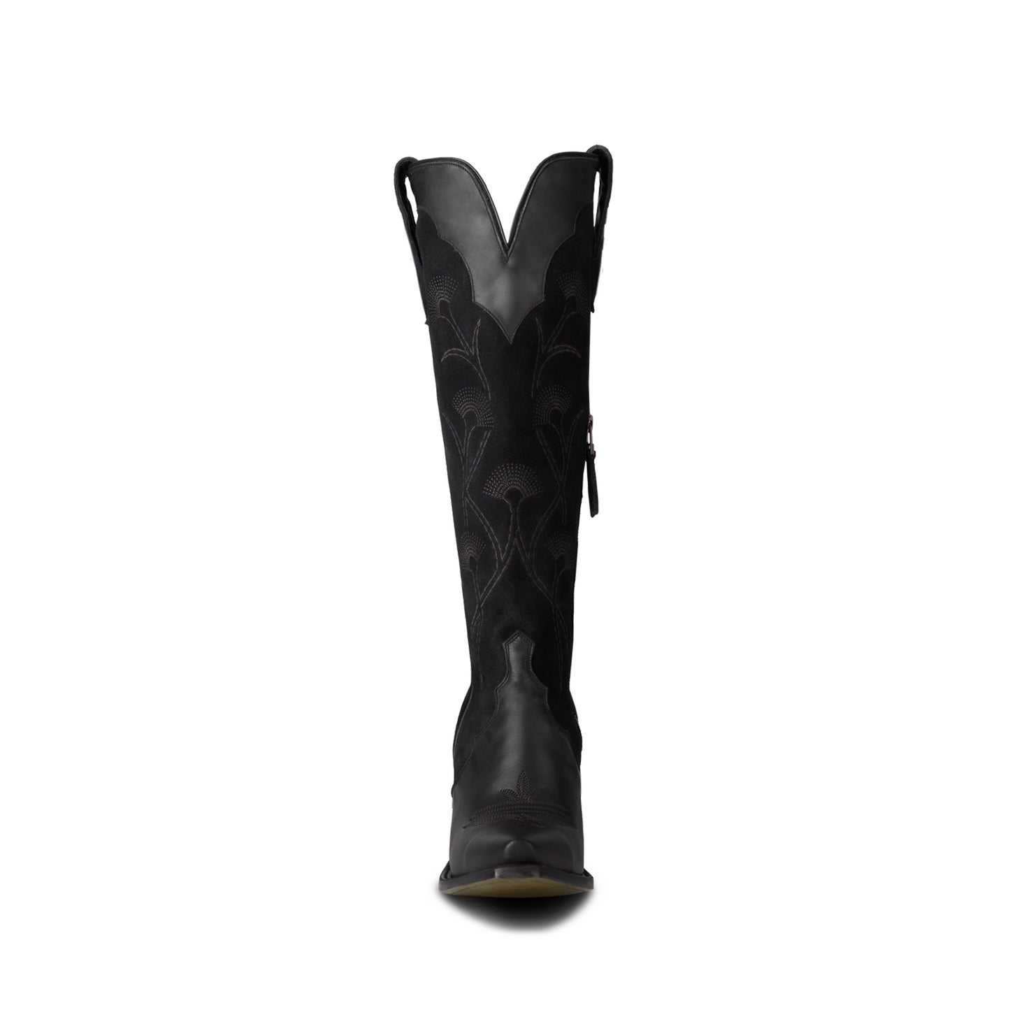 Black Contrast Faux Suede And Vegan Leather Snip-Toe Floral Embroidery Half-Zip Knee High Cowgirl Boots