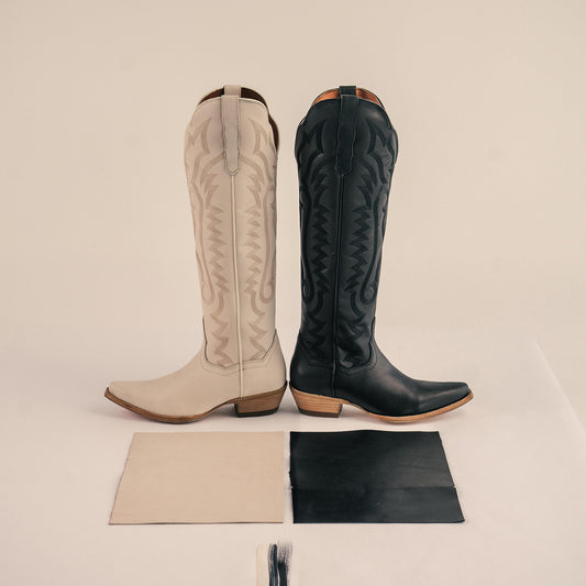 Black Snip-Toe Grace Embroidery Half-Zip Knee High Cowgirl Boots