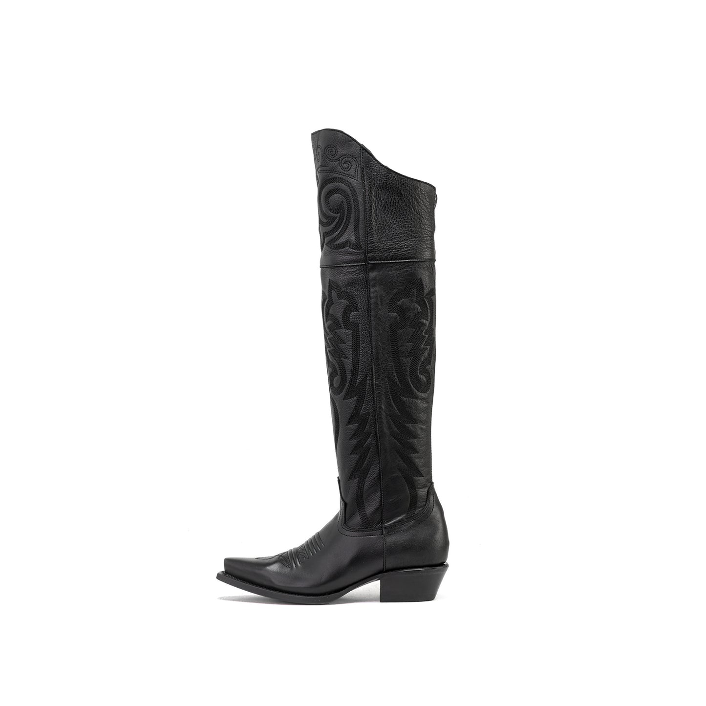 Black Snip-Toe Embroidery Half-Zip Knee High Cowgirl Boots