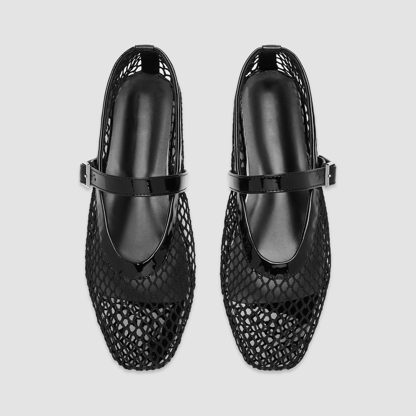 Black Mesh And Patent Leather Square-Toe Mary Jane Ballet Flats