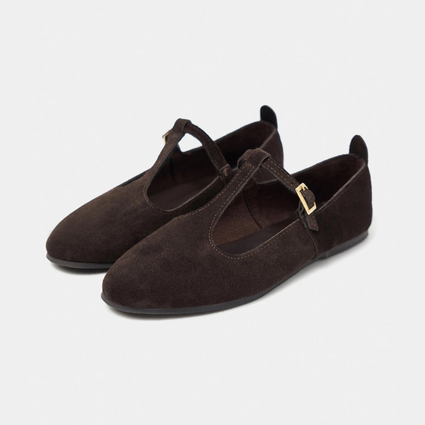 Coffee Faux Suede Round-Toe Buckle Middle Strap Simple Chic Flats
