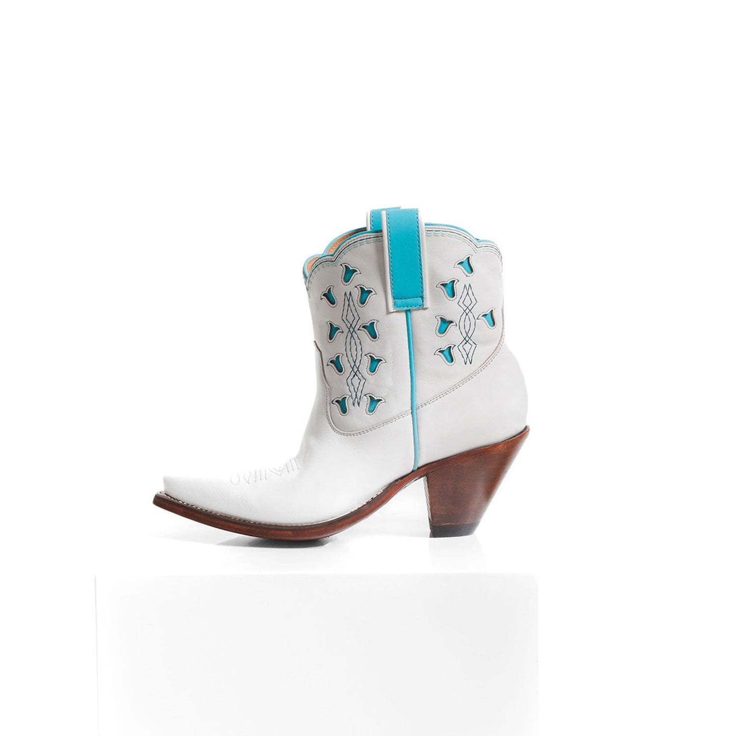 White Snip-Toe Tulip Inlay Embroidery Ankle Cowgirl Boots
