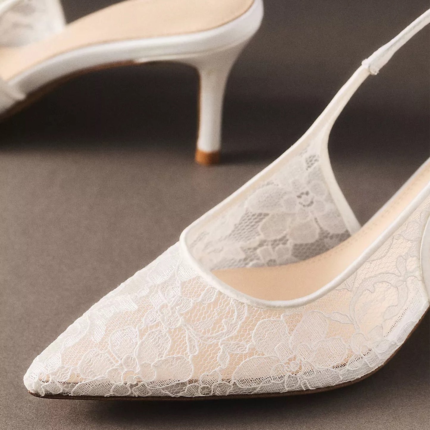 White Lace Mesh Pointed-Toe Buckle Back Strap Kitten Heels