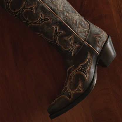 Distressed Black Snip-Toe Wide Calf Embroidery Knee High Cowgirl Boots
