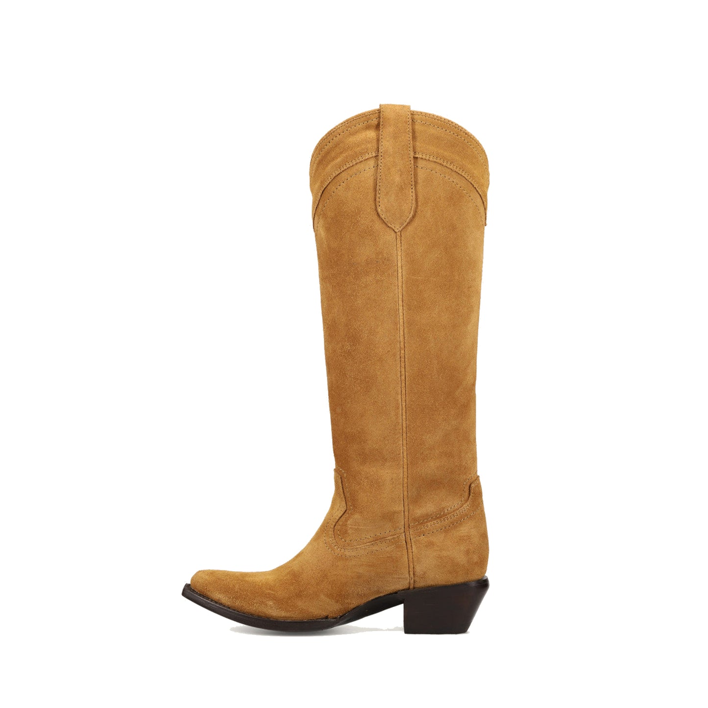 Camel Faux Suede Almond-Toe Sleek Wide Calf Knee High Simple Cowgirl Boots