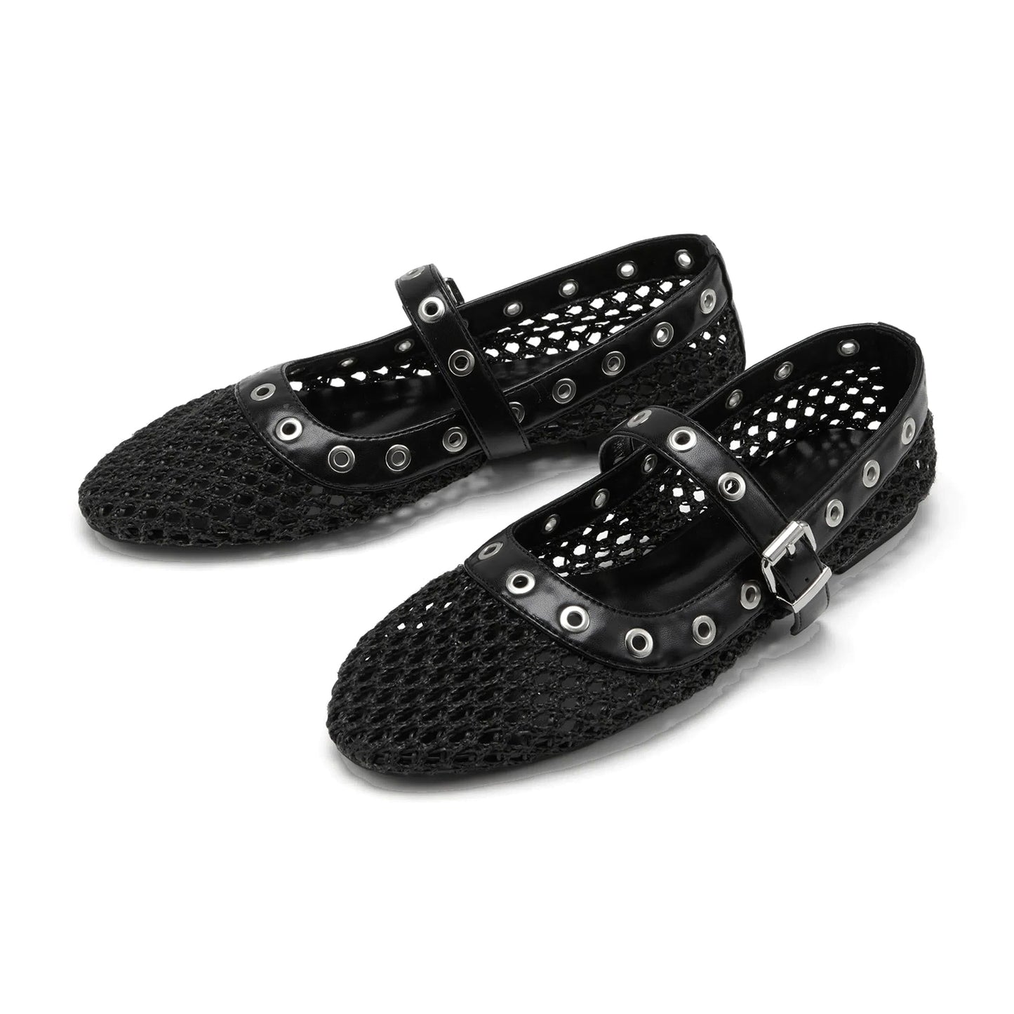 Black Woven Mesh And Vegan Leather Round-Toe Eyelets Mary Jane Flats