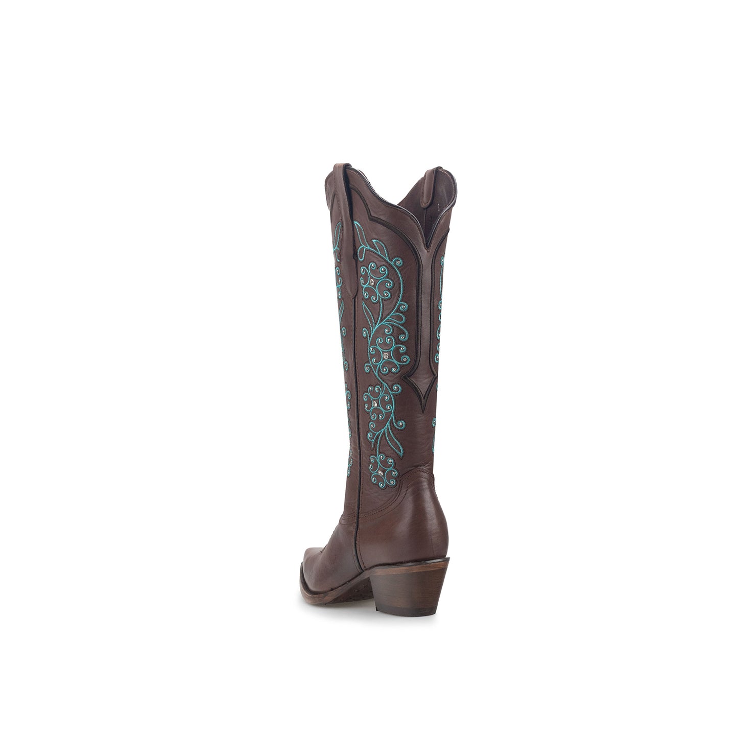 Brown Snip-Toe Embroidery Rhinestone Studs Half-Zip Knee High Cowgirl Boots