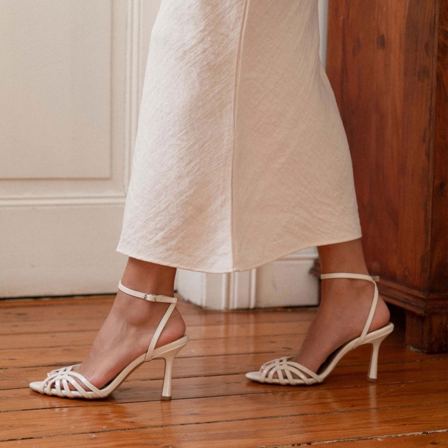 Ivory Pointed-Toe Strappy Back And Ankle Strap High Heels